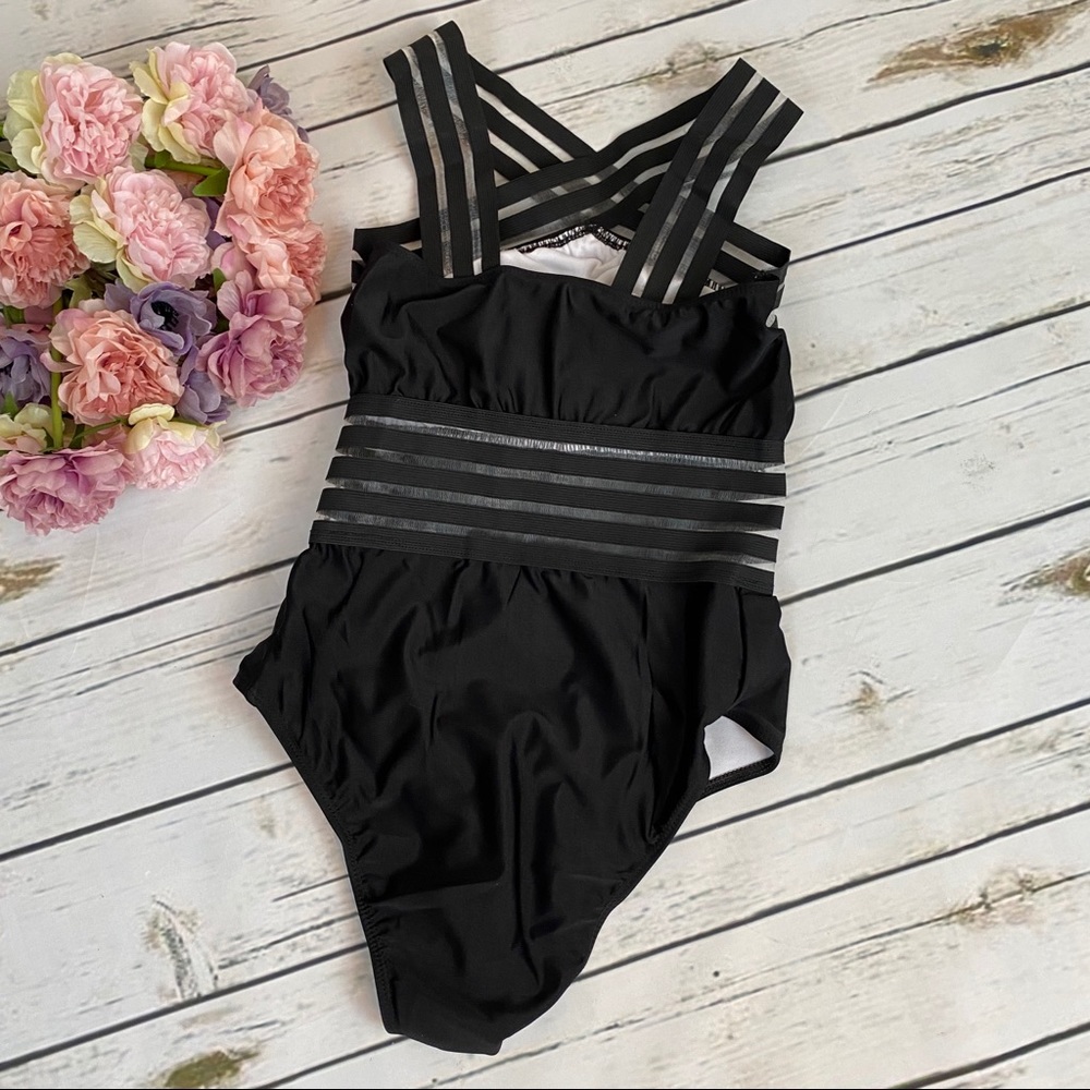 Black Criss Cross Striped Mesh One Piece Swimsuit - Picture 13 of 16